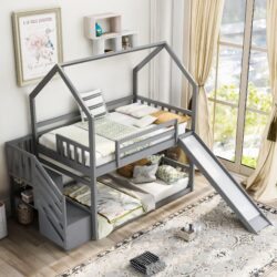 Twin Over Twin House Bunk Bed With Convertible Slide, Storage Staircase Can Be Placed Left Or Right - Gray