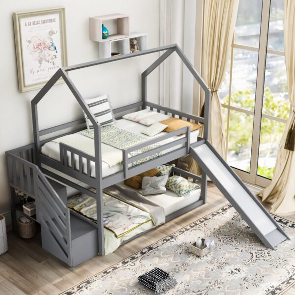 Twin Over Twin House Bunk Bed With Convertible Slide, Storage Staircase Can Be Placed Left Or Right - Gray