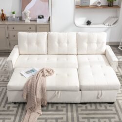 Reversible Sectional Storage Sleeper Sofa Bed, L-Shape 2 Seat Sectional Chaise With Storage, Skin-Feeling Velvet Fabric - Beige