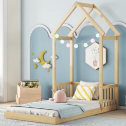 Twin House-Shaped Roof Headboard Floor Bed, (Without Slats) - Natural