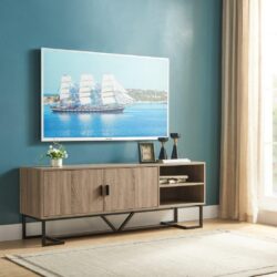 TV Stand Two Door Cabinet With Two Open Shelves With Metal Legs - Brown / Black