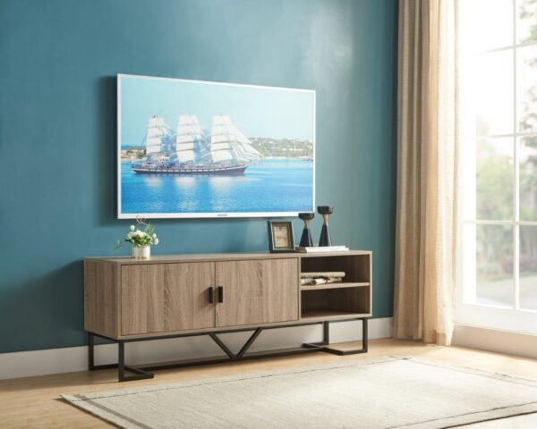 TV Stand Two Door Cabinet With Two Open Shelves With Metal Legs - Brown / Black