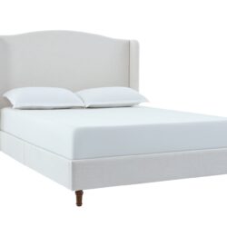 Hannah - Queen Upholstered Wingback Bed Size, Tall Headboard Upholstered Queen Bed, Premium Textured Canvas Chenille Look, Minimalist Designs, No Box Spring Needed - Ivory