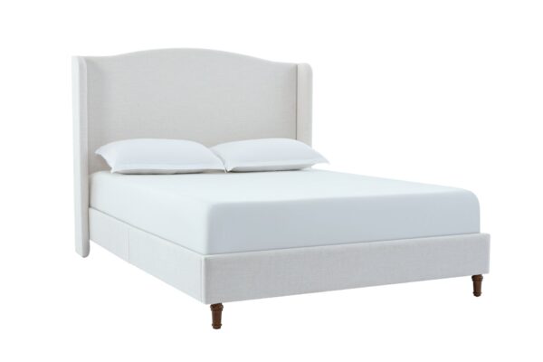 Hannah - Queen Upholstered Wingback Bed Size, Tall Headboard Upholstered Queen Bed, Premium Textured Canvas Chenille Look, Minimalist Designs, No Box Spring Needed - Ivory