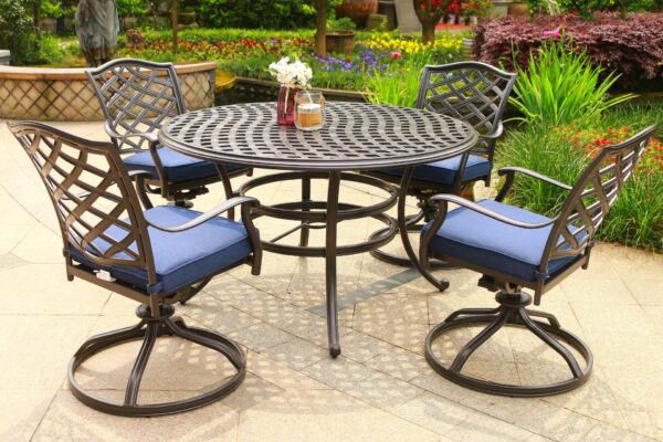 Round 4 Person 49" Long Aluminum Dining Set With Cushions With Swivel Chairs - Navy Blue