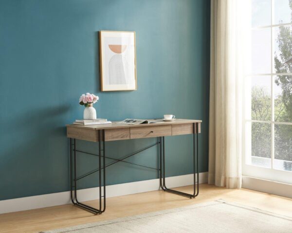 Computer Desk Writing Desk With One Drawer Metal Legs And USB Outlet Port - Brown / Black Metal