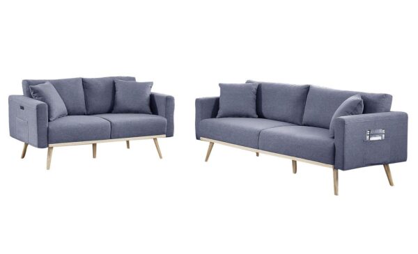 Easton - Linen Fabric Sofa, Loveseat Living Room With USB Charging Ports Pockets And Pillows (Set of 2) - Dark Gray