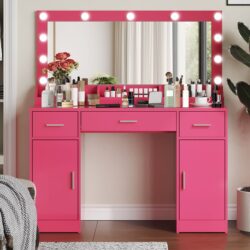 Vanity Desk With Large Mirror, 3 Colour Lighting Modes, Adjustable Brightness, Dresser With 3 Drawers & 2 Vertical Cabinets, Makeup Vanity Table For Women & Girls - Rose Pink