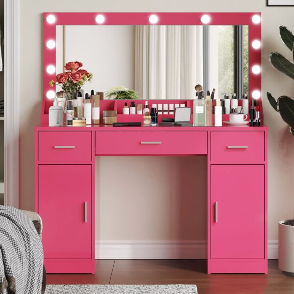 Vanity Desk With Large Mirror, 3 Colour Lighting Modes, Adjustable Brightness, Dresser With 3 Drawers & 2 Vertical Cabinets, Makeup Vanity Table For Women & Girls - Rose Pink