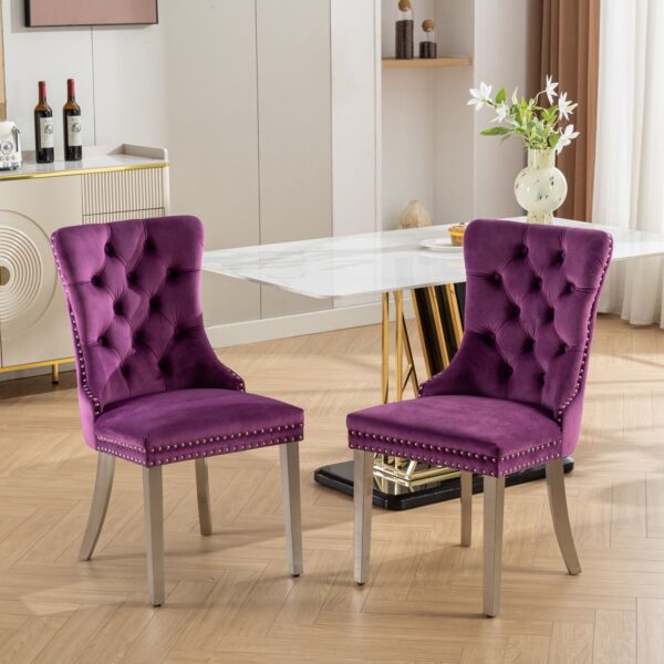 Nikki - Modern, High-End Tufted Solid Wood Contemporary Velvet Upholstered Dining Chair With Chrome Stainless Steel Plating Legs, Nailhead Trim (Set of 2) - Purple / Chrome
