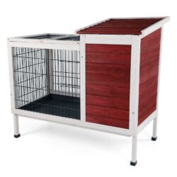 Two Tier Wooden Indoor / Outdoor Rabbit Cage For Small Animals With Runway And Leak-Proof Plastic Tray - Red