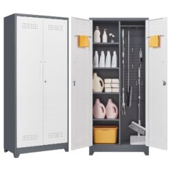 Metal Storage Cabinets, Cleaning Tool Cabinet With Locking Door, Tall Broom Tool Organizer, Large Storage Cabinet For Kitchen - Gray / White