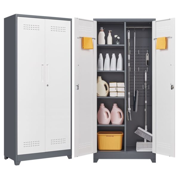 Metal Storage Cabinets, Cleaning Tool Cabinet With Locking Door, Tall Broom Tool Organizer, Large Storage Cabinet For Kitchen - Gray / White