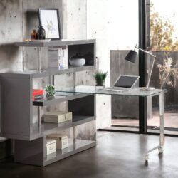 Buck II - Clear Glass, Chrome High Gloss Writing Desk With Shelf - Gray