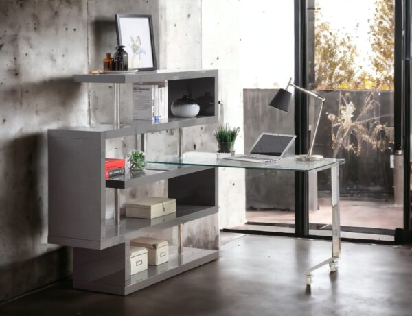 Buck II - Clear Glass, Chrome High Gloss Writing Desk With Shelf - Gray