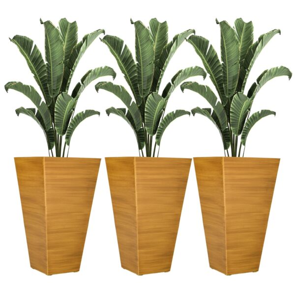 Outsunny - Outdoor Planters (Set of 3) Large Taper Planters With Drainage Holes And Plug, Faux Wood Plastic Flower Pots For Outdoor, Indoor, Garden, Patio - Tan