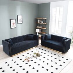 Contemporary Vertical Channel Tufted Velvet Sofa Loveseat Upholstered 2 Pieces Set With 4 Pillows - Black