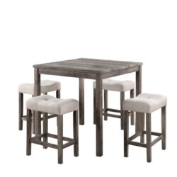Lucian - 5 Piece Counter Height Pub Table With Tufted Linen Stools (Set of 5) - Creamy White