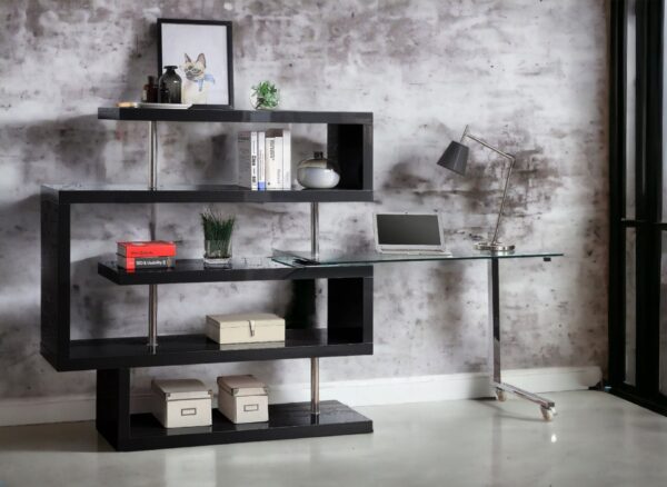 Buck II - Clear Glass, Chrome High Gloss Writing Desk With Shelf - Black