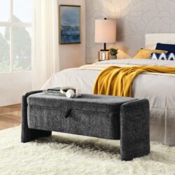 Ottoman Oval Storage Bench Chenille Bench With Large Storage Space For The Living Room, Entryway And Bedroom - Gray