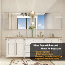 40X30" Brushed Silver Rounded Corner Rectangle Bathroom Mirror For Wall Metal Frame Wall Mounted Bathroom Mirror Vanity Bathroom Mirror (Horizontal & Vertical) - Silver
