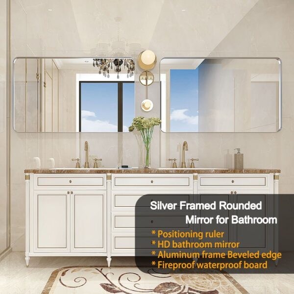 40X30" Brushed Silver Rounded Corner Rectangle Bathroom Mirror For Wall Metal Frame Wall Mounted Bathroom Mirror Vanity Bathroom Mirror (Horizontal & Vertical) - Silver