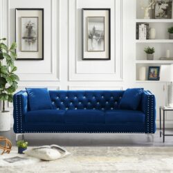 Modern Sofa Jeweled Buttons Tufted Square Arm Couch, 2 Pillows Included - Blue