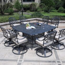 Square 8 Person 64" Long Aluminum Dining Set With Sunbrella Cushions With Swivel And Rocking Chairs - Gray / Ivory