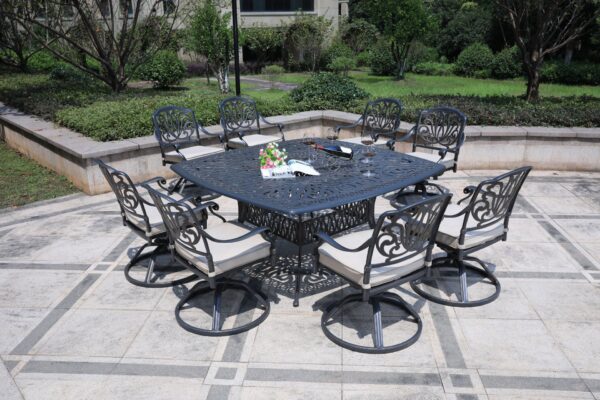Square 8 Person 64" Long Aluminum Dining Set With Sunbrella Cushions With Swivel And Rocking Chairs - Gray / Ivory