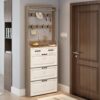 Shoe Cabinet With 3 Doors 2 Drawers With Hanger, Door With Shape, Large Space For Storage - White - Image 4