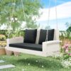 2 Person Wicker Hanging Porch Swing With Chains, Cushion, Pillow, Rattan Swing Bench For Garden, Backyard - White / Gray - Image 5