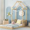 Twin House-Shaped Roof Headboard Floor Bed, (Without Slats) - Natural - Image 9