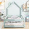 Twin Size Wood Bed With House-Shaped Headboard Floor Bed With Fences - Light Green - Image 2
