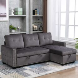 Reversible Sectional Storage Sleeper Sofa Bed, L-Shape 2 Seat Sectional Chaise With Storage, Skin-Feeling Velvet Fabric - Dark Gray