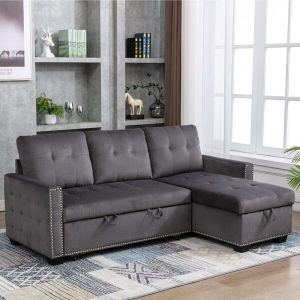 Reversible Sectional Storage Sleeper Sofa Bed, L-Shape 2 Seat Sectional Chaise With Storage, Skin-Feeling Velvet Fabric - Dark Gray