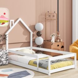 Twin Size Wood Bed With House-Shaped Headboard Floor Bed With Fences - White
