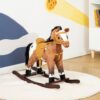 Qaba - Kids Metal Plush Ride-On Rocking Horse Chair Toy With Realistic Sounds - Dark Brown / White - Image 2