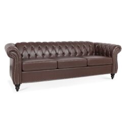 Rolled Arm Chesterfield Three Seater Sofa - Dark Brown