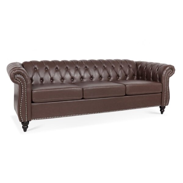 Rolled Arm Chesterfield Three Seater Sofa - Dark Brown