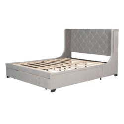 Queen Size Storage Upholstered Platform Bed With Wingback Headboard And A Big Drawer - Gray