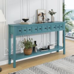 Rustic Entryway Console Table Long Sofa Table With Two Different Size Drawers And Bottom Shelf For Storage - Turquoise Green