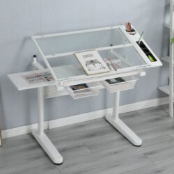 38.18" Hand Crank Adjustable Drafting Table Drawing Desk With 2 Metal Drawers With Stool - White