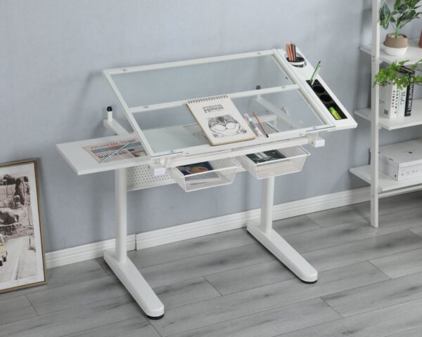 38.18" Hand Crank Adjustable Drafting Table Drawing Desk With 2 Metal Drawers With Stool - White