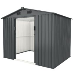 Outdoor Storage Shed, 8' x 6' Galvanized Steel Garden Shed With 4 Vents & Double Sliding Door, Utility Tool Shed Storage House For Backyard, Patio, Lawn - Dark Gray