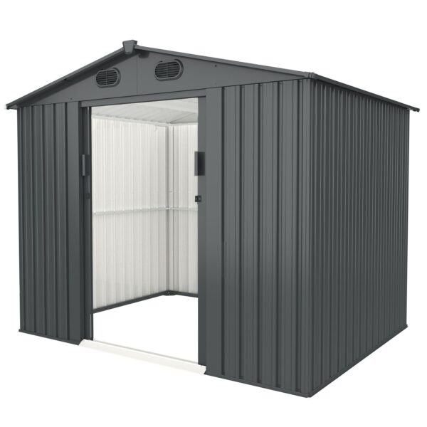 Outdoor Storage Shed, 8' x 6' Galvanized Steel Garden Shed With 4 Vents & Double Sliding Door, Utility Tool Shed Storage House For Backyard, Patio, Lawn - Dark Gray