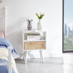 15.75" Rattan End Table With Drawer And Solid Wood Legs, Modern Nightstand, Side Table For Living Room, Bedroom - White