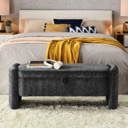 Ottoman Oval Storage Bench Chenille Bench With Large Storage Space For The Living Room, Entryway And Bedroom - Gray