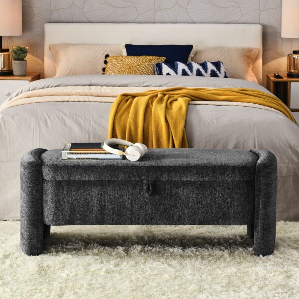 Ottoman Oval Storage Bench Chenille Bench With Large Storage Space For The Living Room, Entryway And Bedroom - Gray