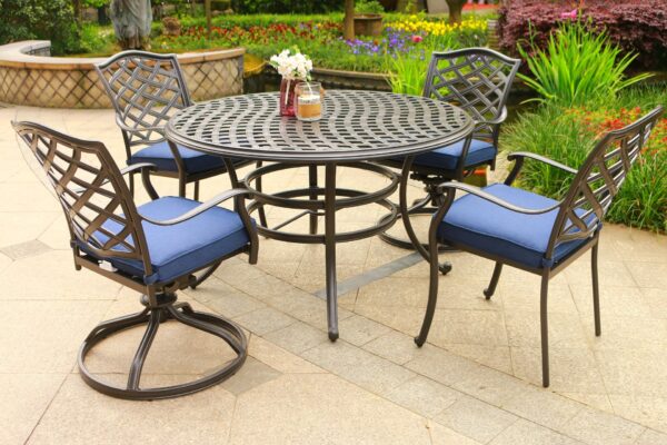 Round 4 Person 49" Long Aluminum Dining Set With Cushions With Swivel And Rocking Chairs - Navy Blue