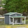 Large Wooden Dog House Outdoor / Indoor Dog Crate, Cabin Style, With Porch, 2 Doors - Gray / Green - Image 2